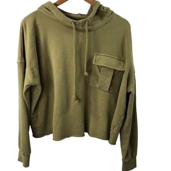 Sonoma Terry Hooded Sweatshirt Sz M Boxy Cropped Oversized Olive Boho Beachy - Picture 3 of 6
